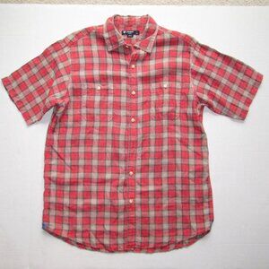 Cremieux Mens sz M Plaid Shirt Buttons Up Short Sleeve Orange 100% Linen